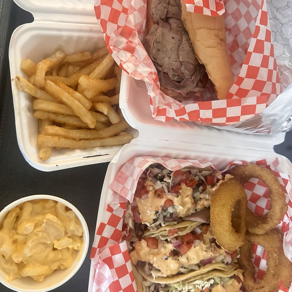 Fries, mac & cheese, tri tip sandwich, tri tip tacos Fries, mac & cheese, tri tip sandwich, tri tip tacos