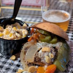 SLAB BBQ & Beer - El Jefe Slider (brisket, queso, grilled veggies, crunchy fritos, jalapenos) and a side of street corn. Pairs well with Zilker's Marco IPA