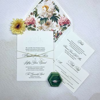 Invitation Design Studio - Sculpted embossed letterpressed invitation with gold foiled edges, gold twine and a floral patterned envelope liner. - Cards & Stationery Near Me - Tustin, California Invitation Design Studio - Sculpted embossed letterpressed invitation with gold foiled edges, gold twine and a floral patterned envelope liner. - Cards & Stationery Near Me - Tustin, California