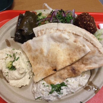 Gaters Restaurant - Vegetarian Plate - 2 falafels, 2 dolmas, hummus, baba ghannouj, Mediterranean salad and pita bread - Middle Eastern Near Me - Fremont, California