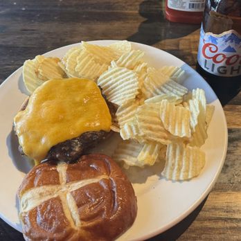 Foodie Garage Eatery - A cheeseburger with chips. - American Near Me - Dubuque, Iowa