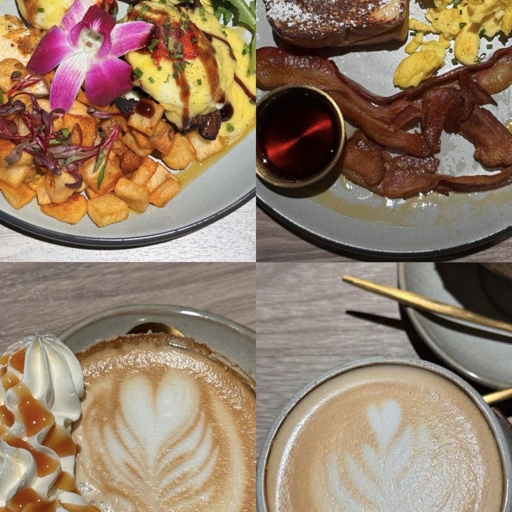 American breakfast w/french toast, bacon crown eggs Benedict, decaf cappuccino, caramel cappuccino