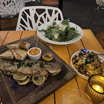 Bravas Bar de Tapas - Trout with kale salad and garlic toast  Cauliflower with dates, bacon, Marcos almonds - Spanish Near Me - Healdsburg, California
