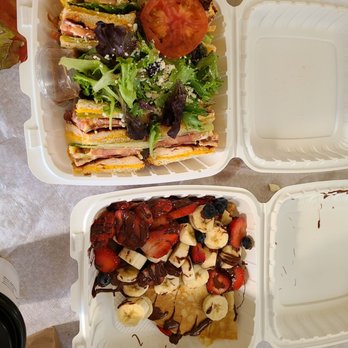 Crave Cafe Studio City - Club Sandwich and Crepes (Banana, Strawberry & Blue Berries) with no powder sugar - Cafes Near Me - Studio City, California