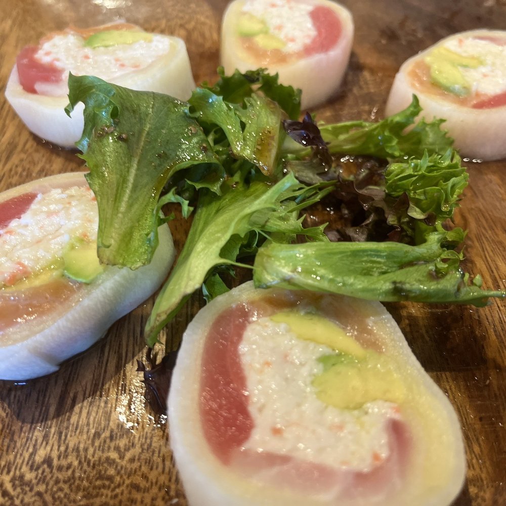 Jin Special Roll. Radish and apple take the place of rice. Jin Special Roll. Radish and apple take the place of rice.