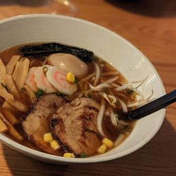 Ramen consisting of Shoyu Broth, Pork Chashu, Thin Ramen, Corn, Bamboo shoots, Bean Sprouts, Corn.