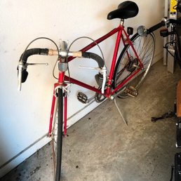 Bike before restoration, wouldn't shift, had tennis grip around handlebars to keep them from falling apart and rusted all over. Bike before restoration, wouldn't shift, had tennis grip around handlebars to keep them from falling apart and rusted all over.