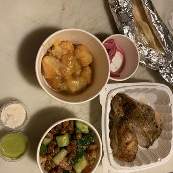 Saucy Chick Indi-Mex Eatery - Raclette/tater tots, Jeera chicken, chickpea salad + accompaniments - Indian Near Me - Pasadena, California Saucy Chick Indi-Mex Eatery - Raclette/tater tots, Jeera chicken, chickpea salad + accompaniments - Indian Near Me - Pasadena, California