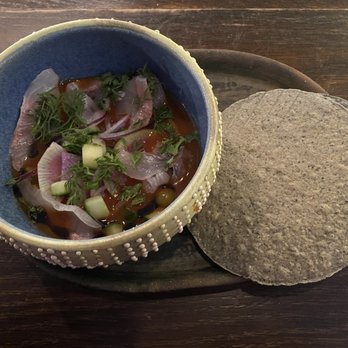 Claro - Aguachile de Tomate: kampachi, fire roasted tomatoes, husk cherries, charred habanero oil - Mexican Near Me - Brooklyn, New York