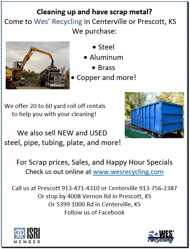 WES’ RECYCLING Updated July 2024 5399 W 1000th Rd, Centerville, Kansas Demolition Services