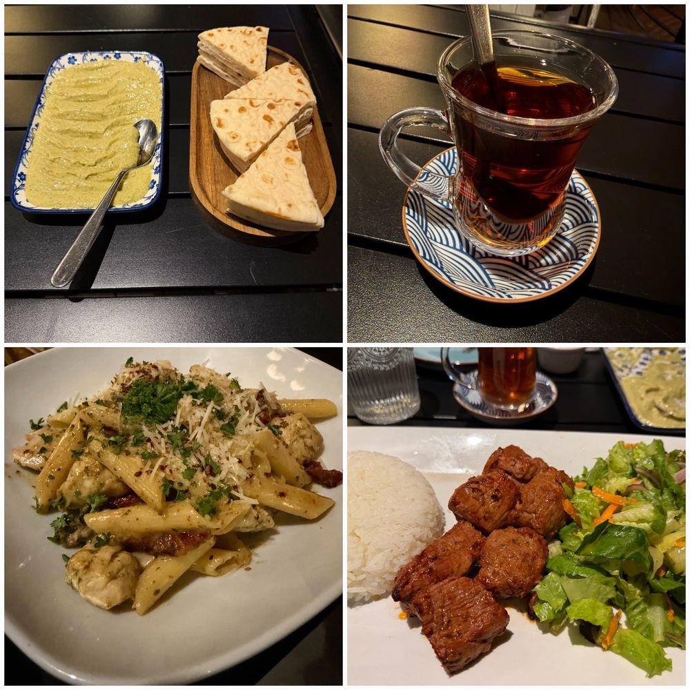 Cilantro & Jalapeño Hummus, Shrimp Penne Pasta & Lamb Shish Kebab.