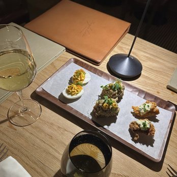 Magdalena A Maryland Bistro - Starter - canapé (fried oysters, crispy rice baba ghanoush, deviled eggs) - New American Near Me - Baltimore, Maryland