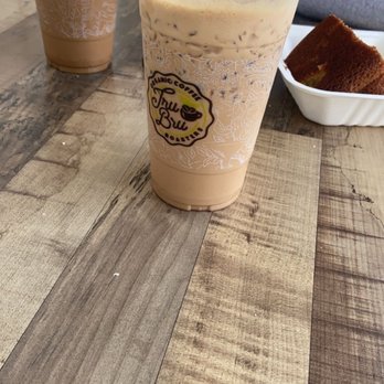 Tru Bru - Top left is a dirty chai, the other is a regular chai latte and in the back is a butter cake - Coffee & Tea Near Me - Orange, California Tru Bru - Top left is a dirty chai, the other is a regular chai latte and in the back is a butter cake - Coffee & Tea Near Me - Orange, California