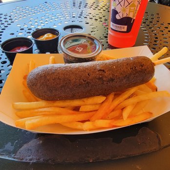 Strictly On A Stick - Corndog wirh fries and Boysenberry mustard on the side. - American Near Me - Buena Park, California Strictly On A Stick - Corndog wirh fries and Boysenberry mustard on the side. - American Near Me - Buena Park, California