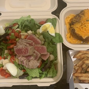 Becks Prime - Queen of Hearts Salad with Seared Ahi Tuna, Truffled Fries and baked potato - Hot Dogs Near Me - Houston, Texas