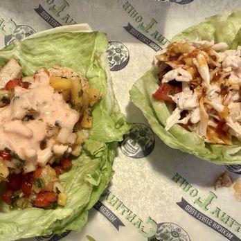 Cantina Louie - The Hot Surfer Chick & Blackened Shrimp lettuce wrap tacos - Mexican Near Me - Matthews, North Carolina