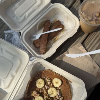 First Bite - Banana Walnut Pancake and Organic Chicken Sausage - Breakfast & Brunch Near Me - Ann Arbor, Michigan