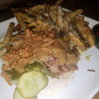 Off Square Brewing - Pot Roast Sandwich minus the bread and Parmesan Garlic Fries - Brewpubs Near Me - Crown Point, Indiana