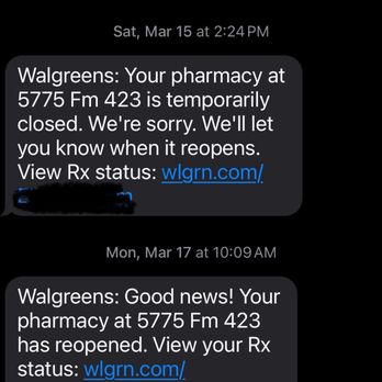 Walgreens - Unexpectedly closed Saturday March 15th and reopened Monday March 17th. - Drugstores Near Me - Frisco, Texas Walgreens - Unexpectedly closed Saturday March 15th and reopened Monday March 17th. - Drugstores Near Me - Frisco, Texas