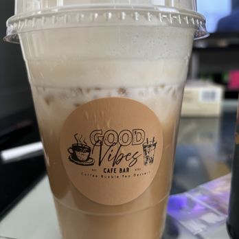 Good Vibes Cafe Indy - Banana Caramel Latte with oatmilk and vanilla foam - Coffee & Tea Near Me - Indianapolis, Indiana