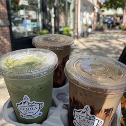 Matcha latte, coconut latte, peach latte Matcha latte, coconut latte, peach latte