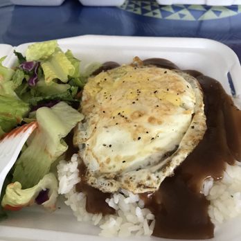 Bobbie's - Mini bento of loco moco with side "toss" (green salad).  Very tasty,  some of the best we've had. - Hawaiian Near Me - Hanapepe, Hawaii