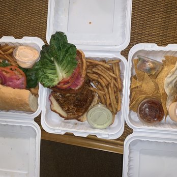 Down the Hatch Maui - Shrimp Po Boy, seared ahi sandwich and one fish taco. - Seafood Near Me - Lahaina, Hawaii