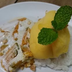 Sonnie's Thai - Thai egg custard with mango sorbet & coconut rice