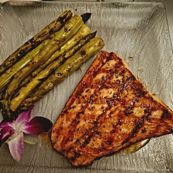 Island Way - Catch of the Day, Grilled Salmon; Ginger, Honey glaze w/ Grilled Asparagus - Seafood Near Me - Oak Island, North Carolina Island Way - Catch of the Day, Grilled Salmon; Ginger, Honey glaze w/ Grilled Asparagus - Seafood Near Me - Oak Island, North Carolina