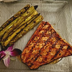 Island Way - Catch of the Day, Grilled Salmon; Ginger, Honey glaze w/ Grilled Asparagus