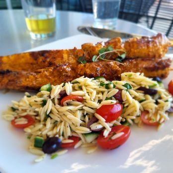 Kennedy Rooftop - Chicken skewers with orzo salad - Cocktail Bars Near Me - Chicago, Illinois