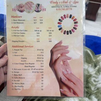 Cindy Nails & Spa - Manicure menu as of 03/2026 - Nail Salons Near Me - La Mesa, California