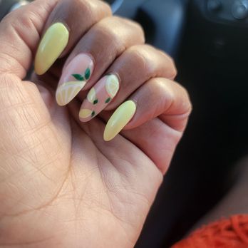 Amazing Nails Spa SC - Almond shaped acrylic names with lemon design. - Nail Salons Near Me - Mount Pleasant, South Carolina
