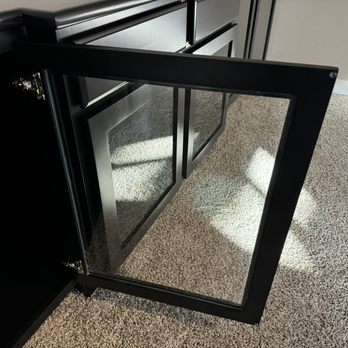 Apex Remodelations - Redone entertainment center with glass, shaker style doors and 4 shelves built by Apex - Drywall Installation & Repair Near Me