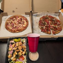 G's Pizzeria - Hawaiian cauli crust ($17), meat lovers cauli crust ($20), antipasto salad ($14). Everything was tiny. Ripped off. Solo cup for reference.