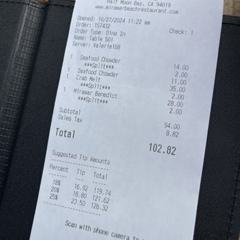 Miramar Beach Restaurant - Charged for splitting dishes. - Seafood Near Me - Half Moon Bay, California
