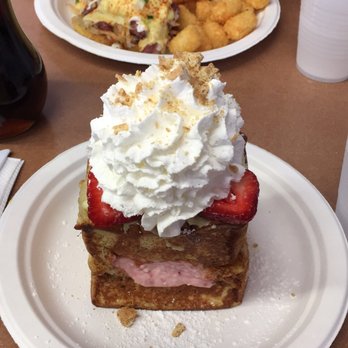 Button Up Cafe - Corned beef hash egg benny with tater tots and the strawberry cheesecake french toast - Breakfast & Brunch Near Me - Pearl City, Hawaii