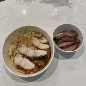 Flower Child - Chicken & Steak Entree with Cauliflower "Risotto" and Red Chile Glazed Sweet Potato - Salad Near Me - Charlotte, North Carolina