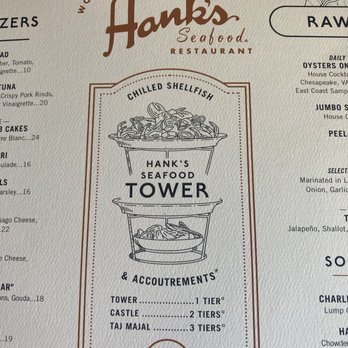 Hank's Seafood Restaurant - The Tower is $95. We did not get it because it serves closer to 6 people. - Seafood Near Me - Charleston, South Carolina Hank's Seafood Restaurant - The Tower is $95. We did not get it because it serves closer to 6 people. - Seafood Near Me - Charleston, South Carolina