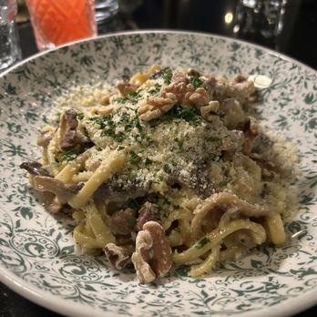 Fire & the Feast - Mushroom carbonara. Doesn't look like a large quantity but it's plenty filling. - Italian Near Me - Edmonds, Washington Fire & the Feast - Mushroom carbonara. Doesn't look like a large quantity but it's plenty filling. - Italian Near Me - Edmonds, Washington