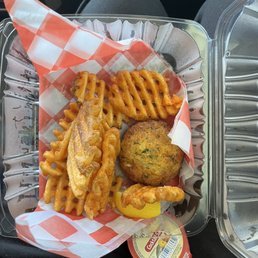 A microscopic Crab Cake & Waffle fries