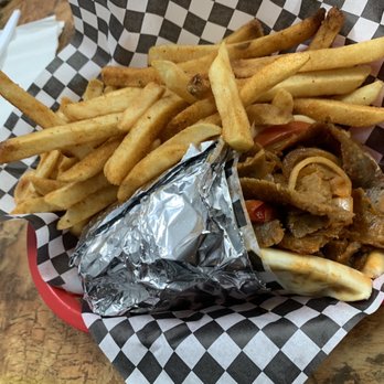 Great Papa's Gyros - Spartan Fighter Pita w/ onions "fiery sweet peppers" and fries. Not super spicy but the peppers adds amazing flavor! - Greek Near Me - Glendale, Arizona