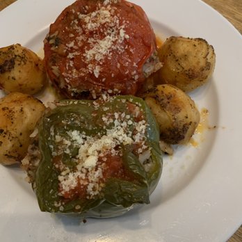 Maria's Greek Restaurant - Special of the day - Stuffed Tomato & Pepper served with potatoes - Greek Near Me - Miami, Florida Maria's Greek Restaurant - Special of the day - Stuffed Tomato & Pepper served with potatoes - Greek Near Me - Miami, Florida