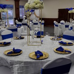 Elegant Party Services - Spandex chair covers, chair bands, table cloths, coral Reef Charger plates