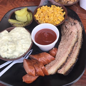 Maybells BBQ - Brisket and sausage plate with corn and potato salad and brisket beans - Barbeque Near Me - Murrieta, California Maybells BBQ - Brisket and sausage plate with corn and potato salad and brisket beans - Barbeque Near Me - Murrieta, California
