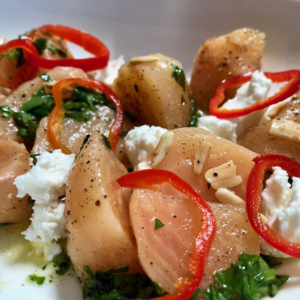 Capers + Olives - Chioggia Beets, goat cheese, almond, fresno chili - Italian Near Me - Everett, Washington Capers + Olives - Chioggia Beets, goat cheese, almond, fresno chili - Italian Near Me - Everett, Washington