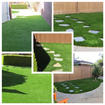 NoMow Turf - A collage showing the fine work of NoMow Turf and the installation of pavers in high traffic areas. - Artificial Turf Near Me
