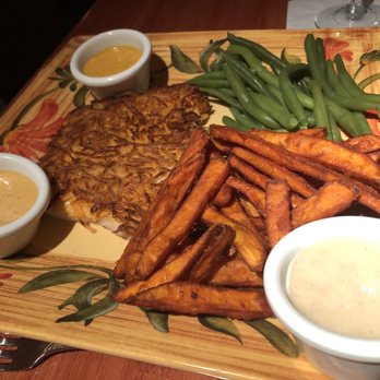 Cool'a Fishbar - Sweet Potato Crusted Fresh Fish, Sweet Potato Fries, Mixed Baby Greens - Seafood Near Me - Palm Beach Gardens, Florida Cool'a Fishbar - Sweet Potato Crusted Fresh Fish, Sweet Potato Fries, Mixed Baby Greens - Seafood Near Me - Palm Beach Gardens, Florida