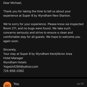 Super 8 by Wyndham New Stanton - The email I received from the manager, which made it look like I was a liar - Hotels Near Me - New Stanton, Pennsylvania