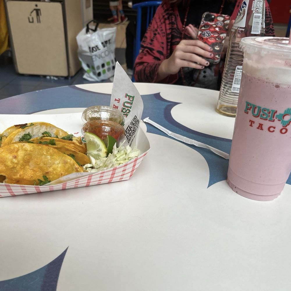 Chicken Tacos, strawberry smoothie Chicken Tacos, strawberry smoothie